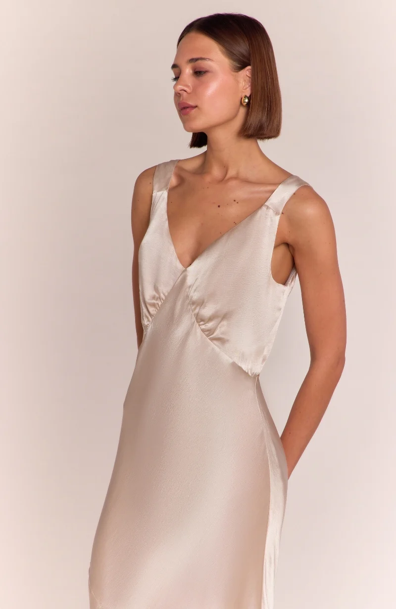 Amelia Dress in Chamagne Satin — Bias-Cut Maxi Bridesmaid Dress - Image 3