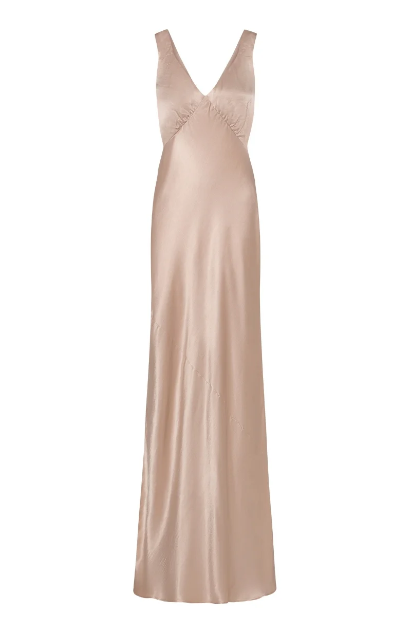 Amelia Dress in Chamagne Satin — Bias-Cut Maxi Bridesmaid Dress - Image 4