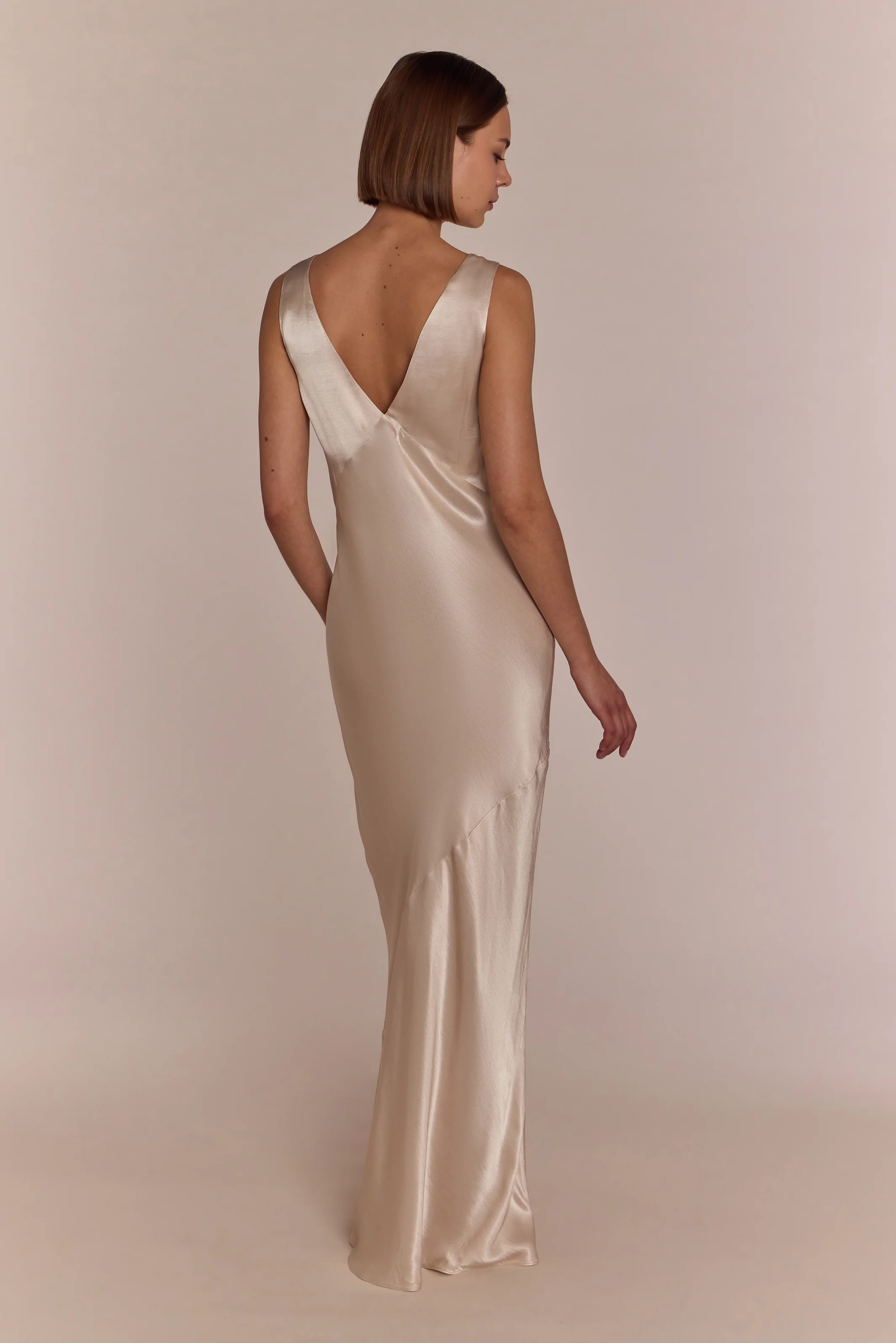 Amelia Dress in Chamagne Satin — Bias-Cut Maxi Bridesmaid Dress - Image 5