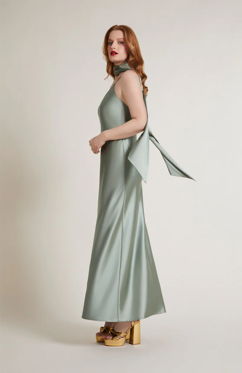 Brooklyn Dress in Sage Green Satin - Image 3
