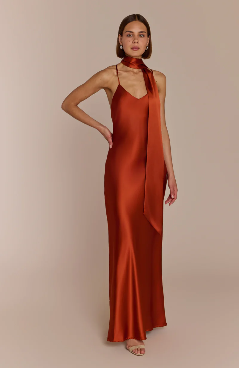 Brooklyn Dress in Burnt Orange Satin - Image 3