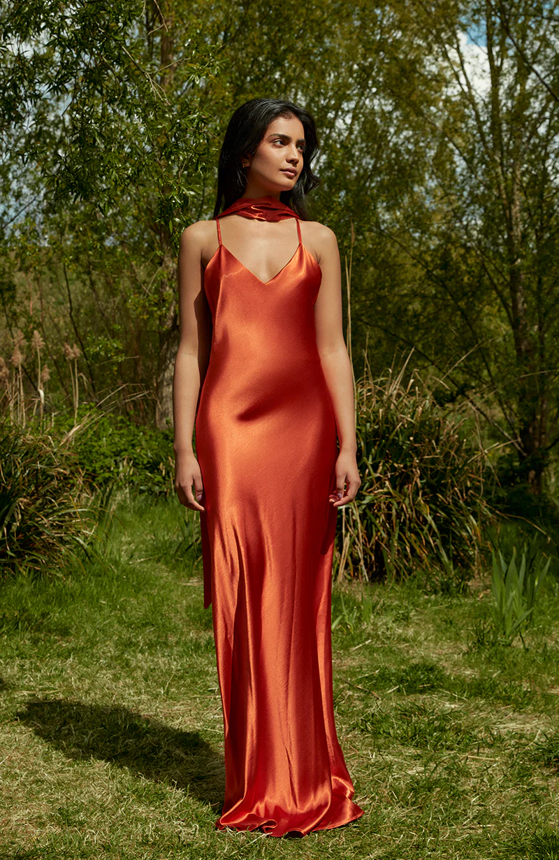 Brooklyn Dress in Burnt Orange Satin - Image 4