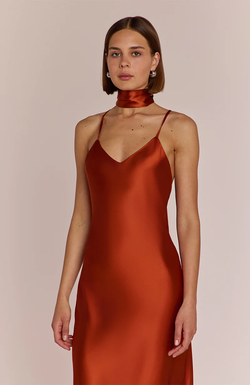Brooklyn Dress in Burnt Orange Satin - Image 7