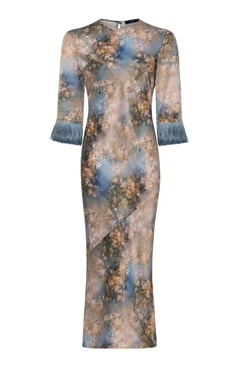Dolly Fringe Long Sleeve Dress in Blue Print - Image 11