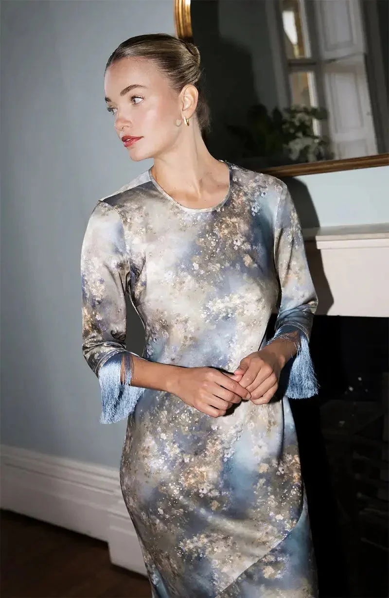 Dolly Fringe Long Sleeve Dress in Blue Print - Image 6