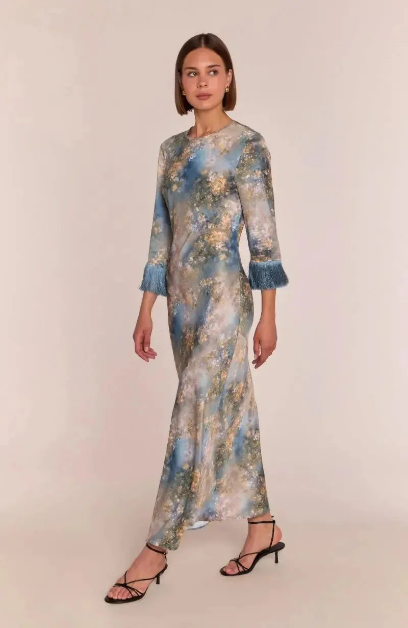 Dolly Fringe Long Sleeve Dress in Blue Print - Image 8