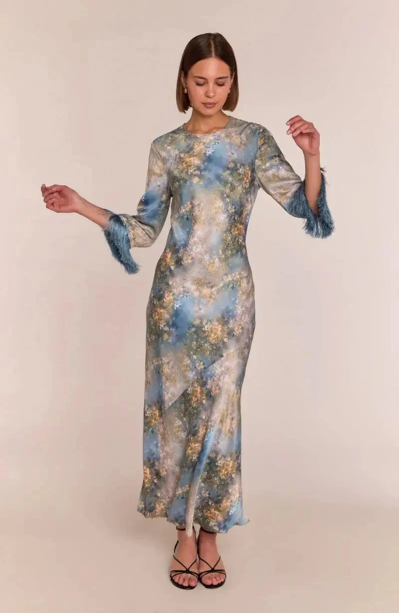 Dolly Fringe Long Sleeve Dress in Blue Print - Image 9