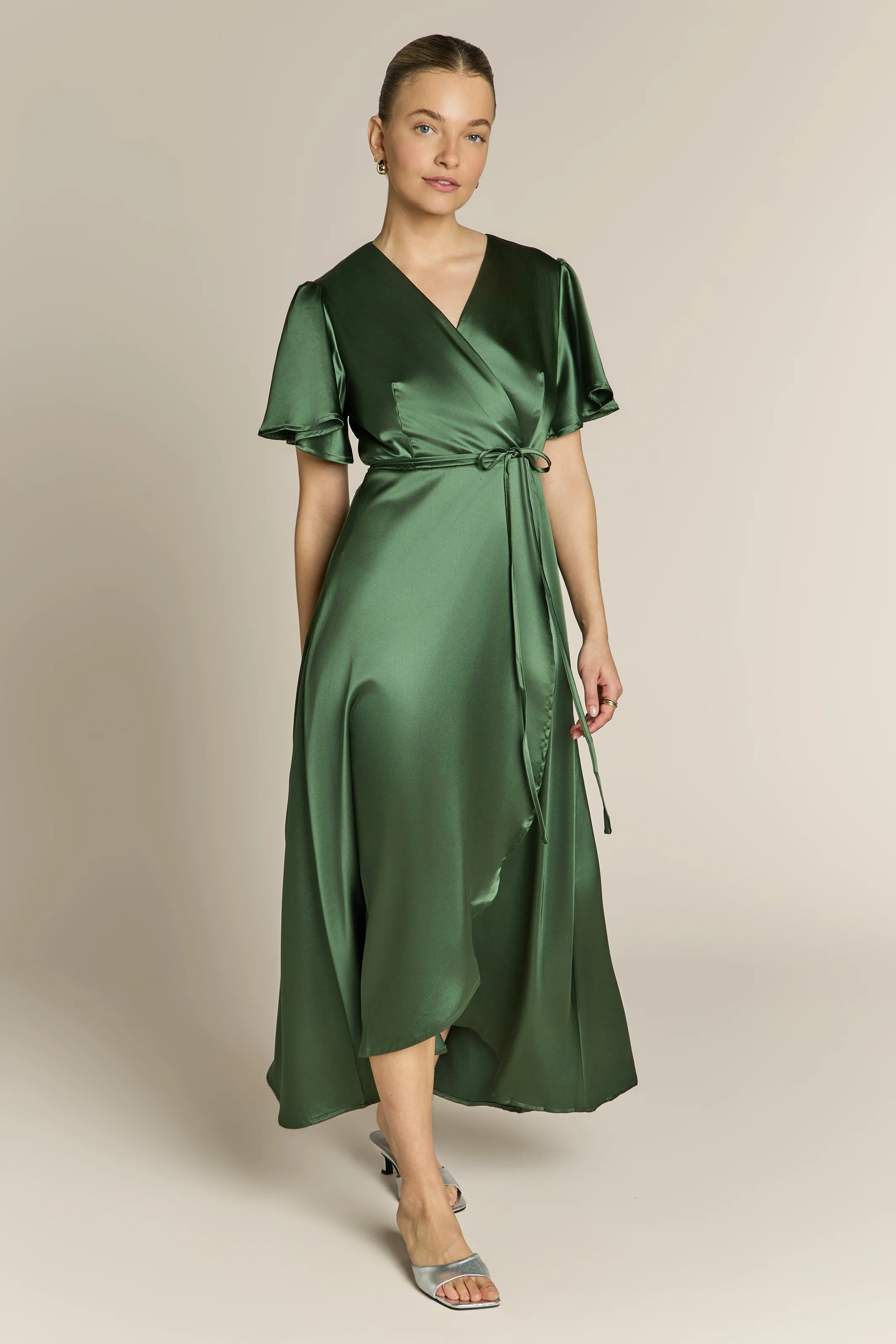 Florence Waterfall Dress in Olive Green Satin - Image 3