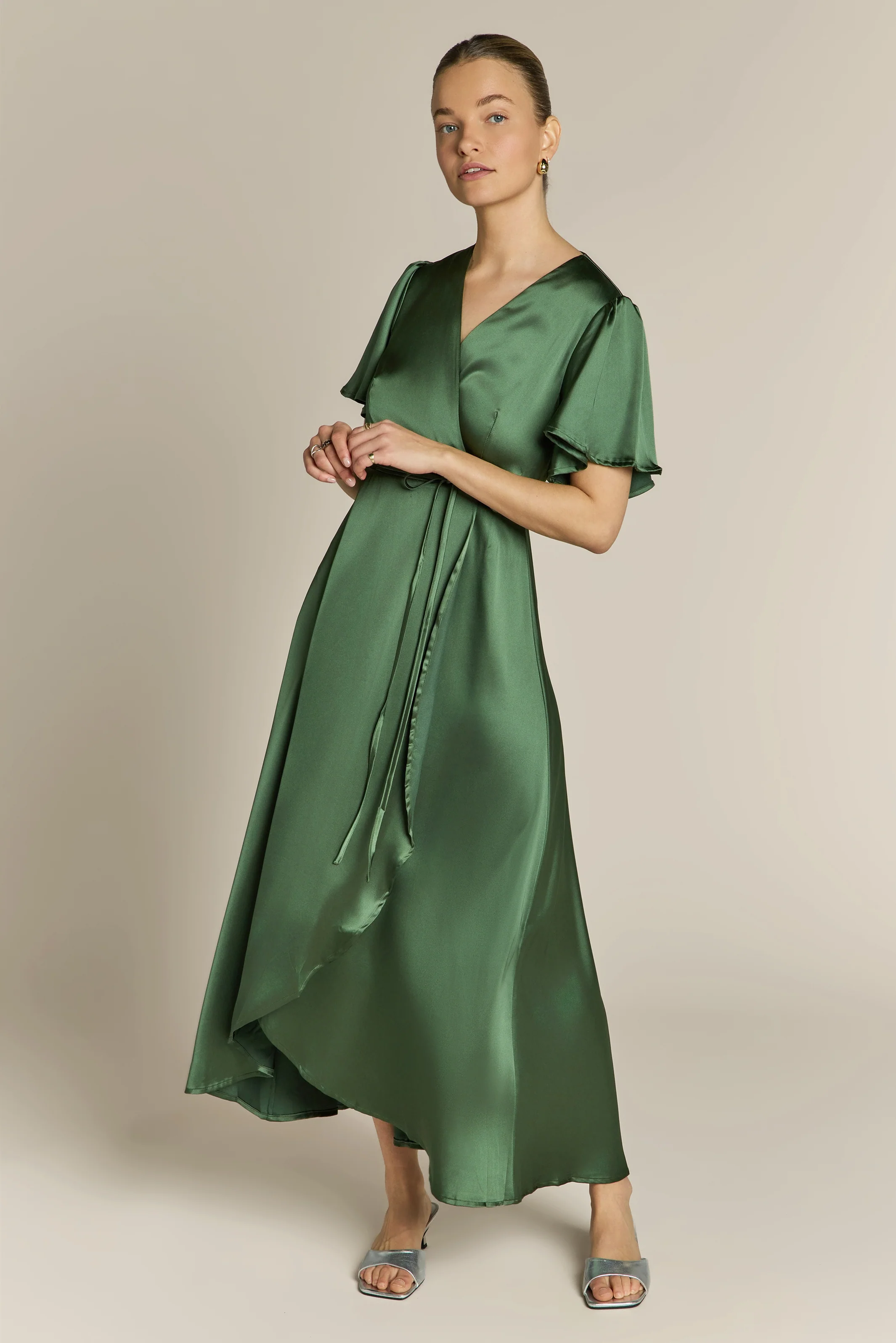 Florence Waterfall Dress in Olive Green Satin - Image 5