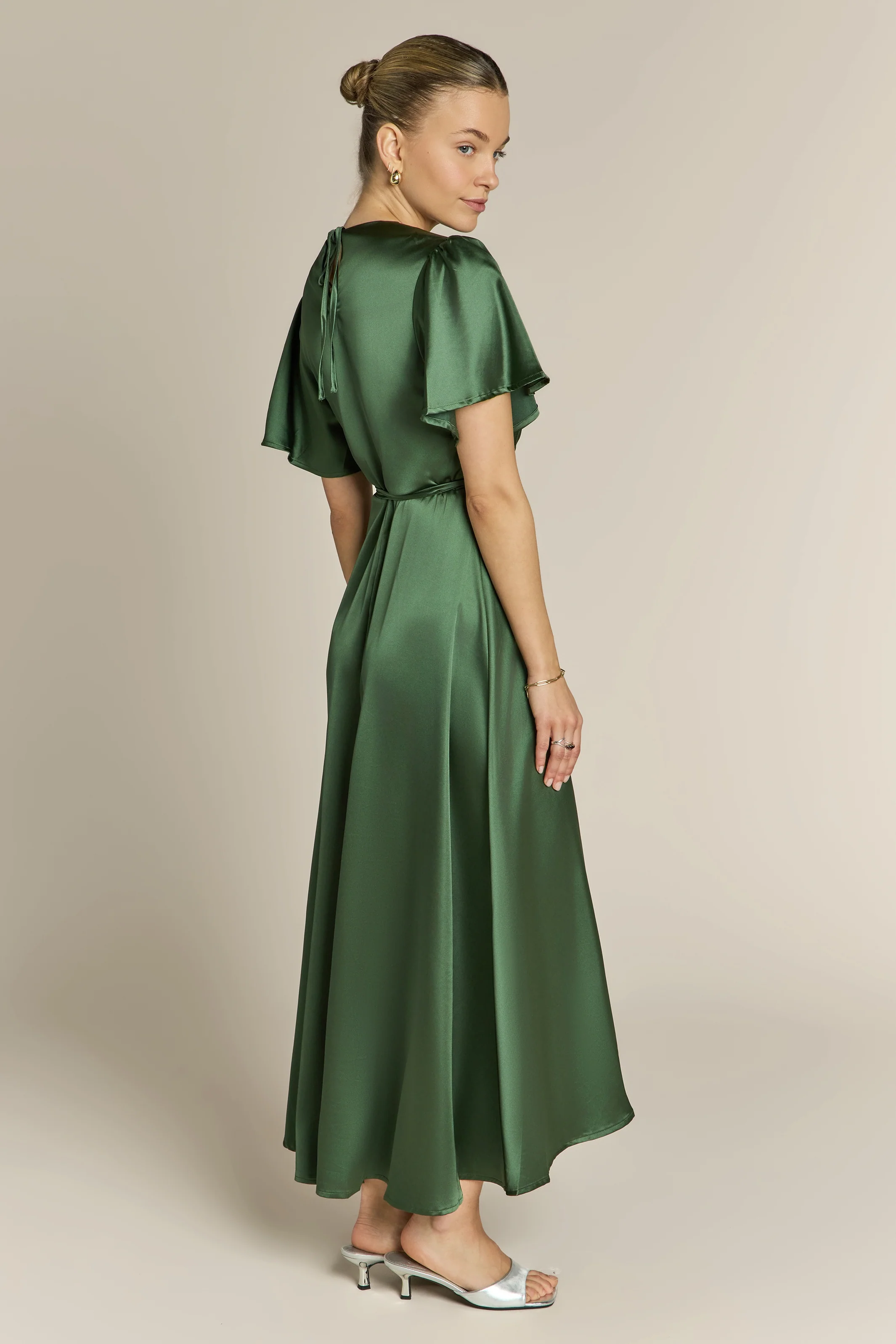 Florence Waterfall Dress in Olive Green Satin - Image 6