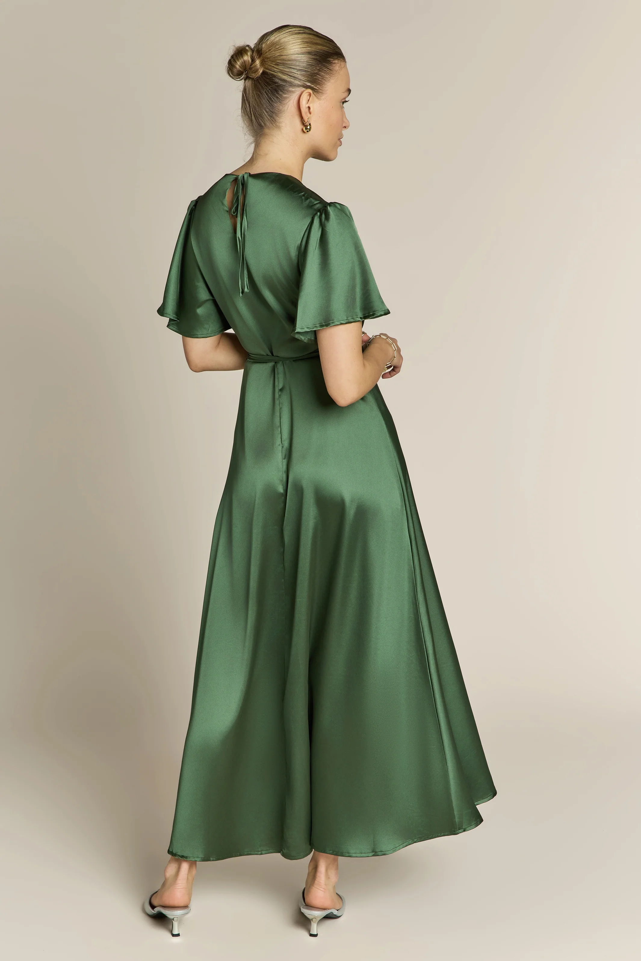 Florence Waterfall Dress in Olive Green Satin - Image 7