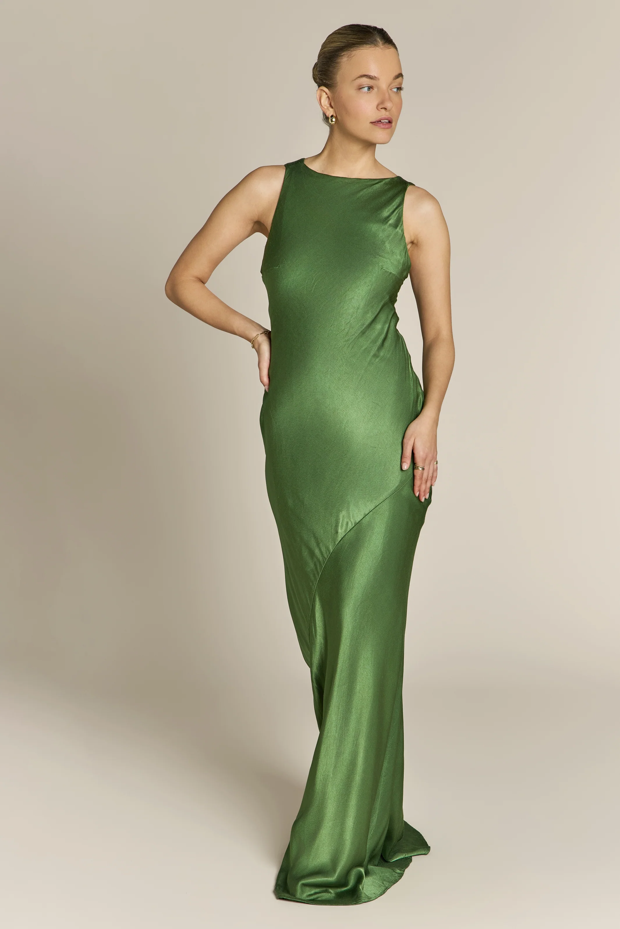 Paris Dress in Olive Green Viscose Satin - Image 4