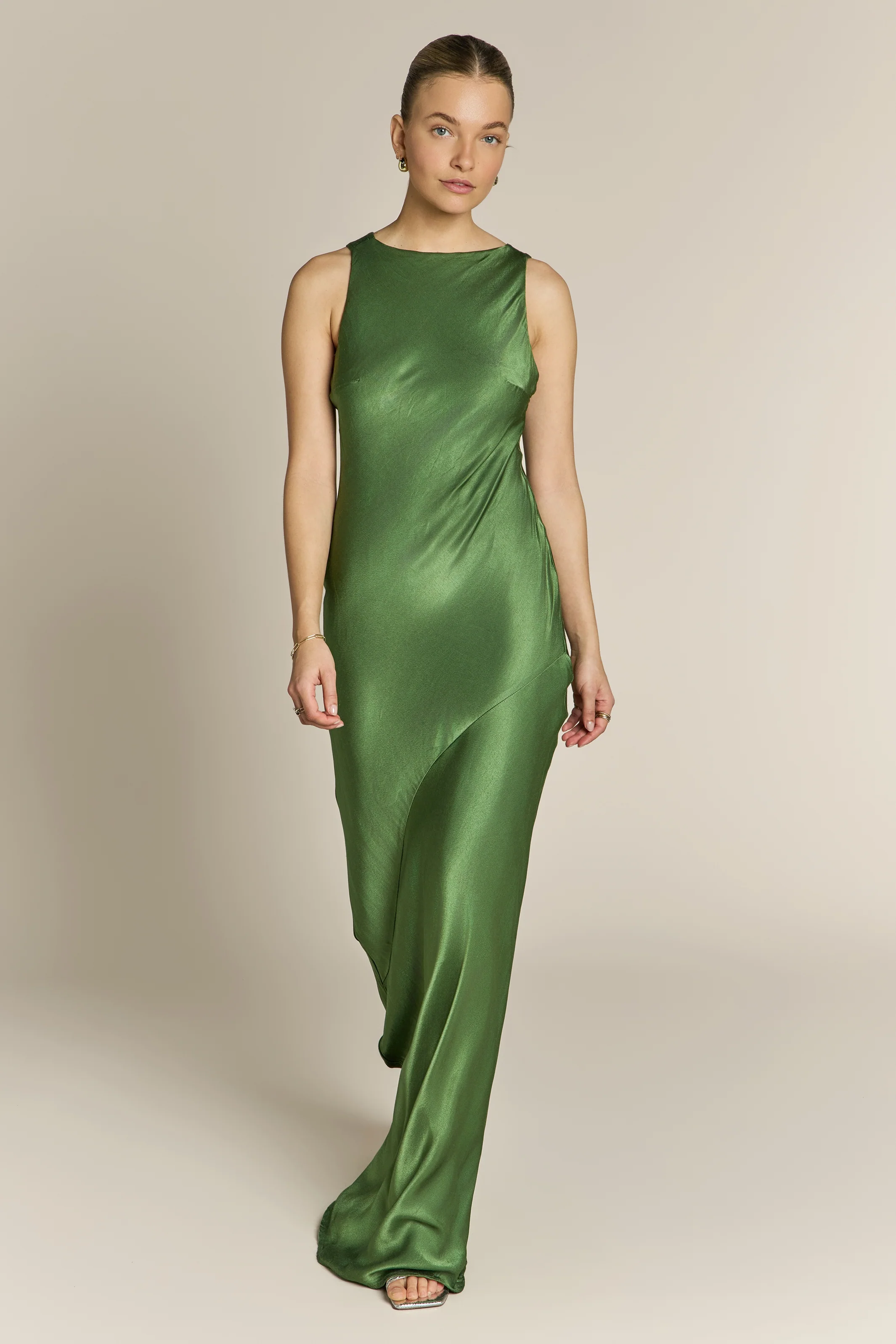Paris Dress in Olive Green Viscose Satin - Image 5