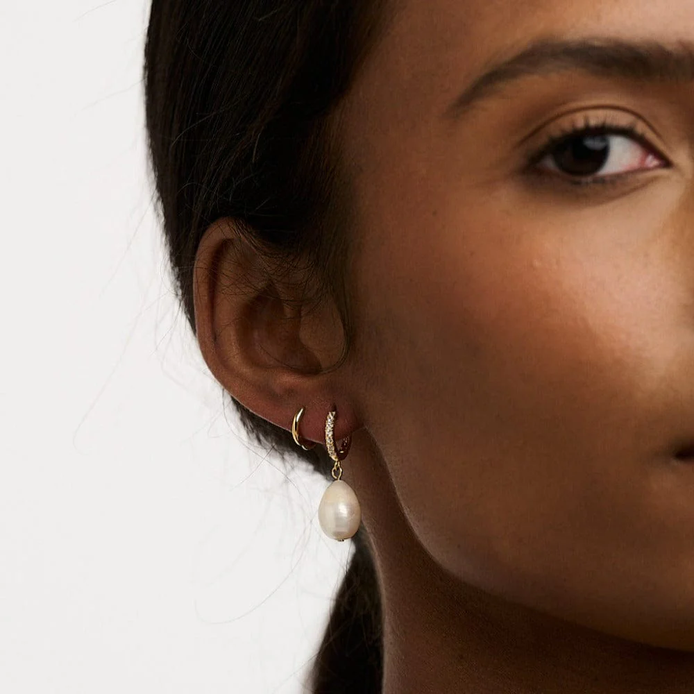 Pearl Drop Pavé Huggie Hoop Earrings - Gold - Image 3