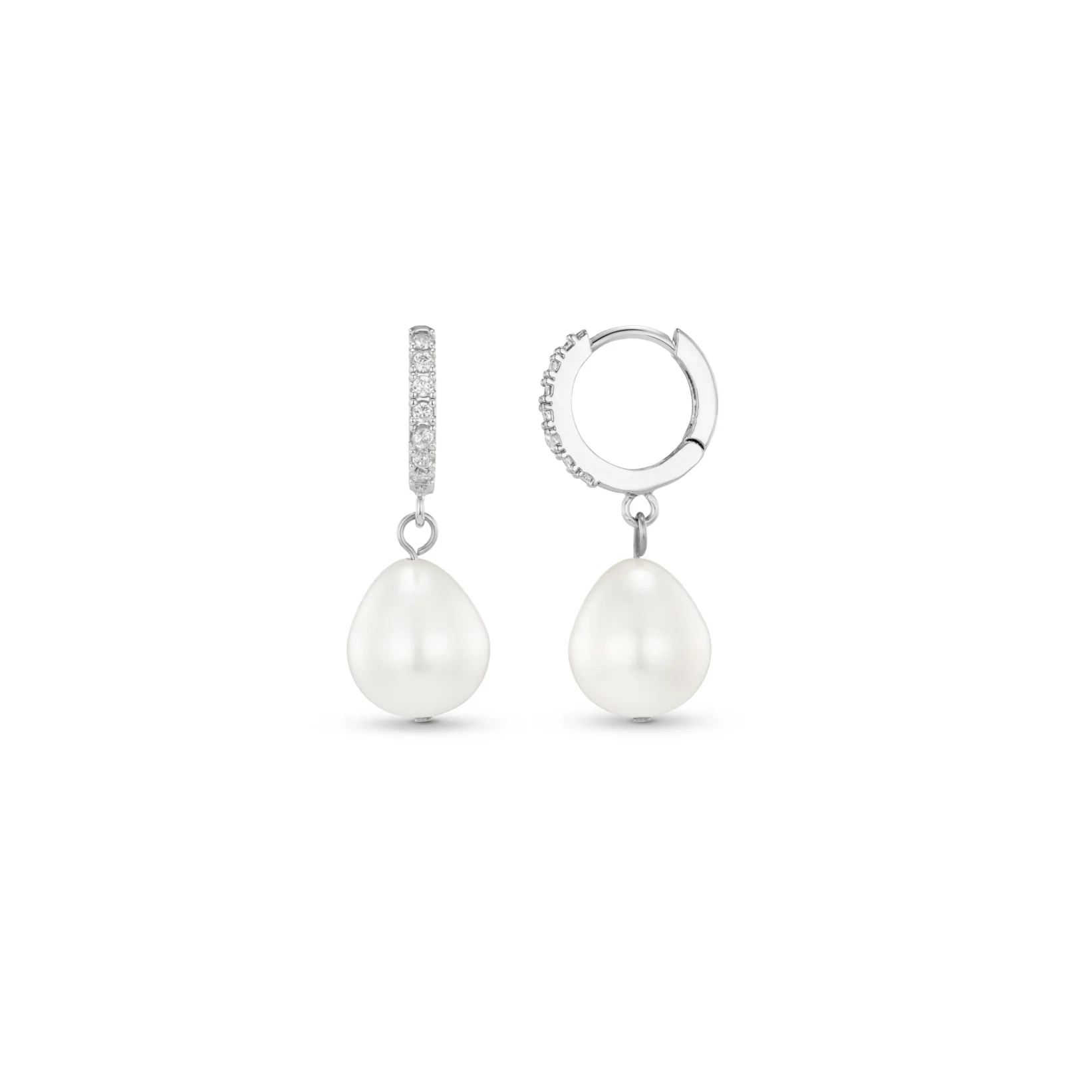 Pearl Drop Pavé Huggie Hoop Earrings - Silver
