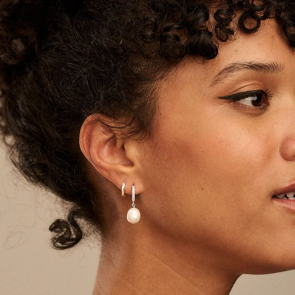 Pearl Drop Pavé Huggie Hoop Earrings - Silver - Image 2