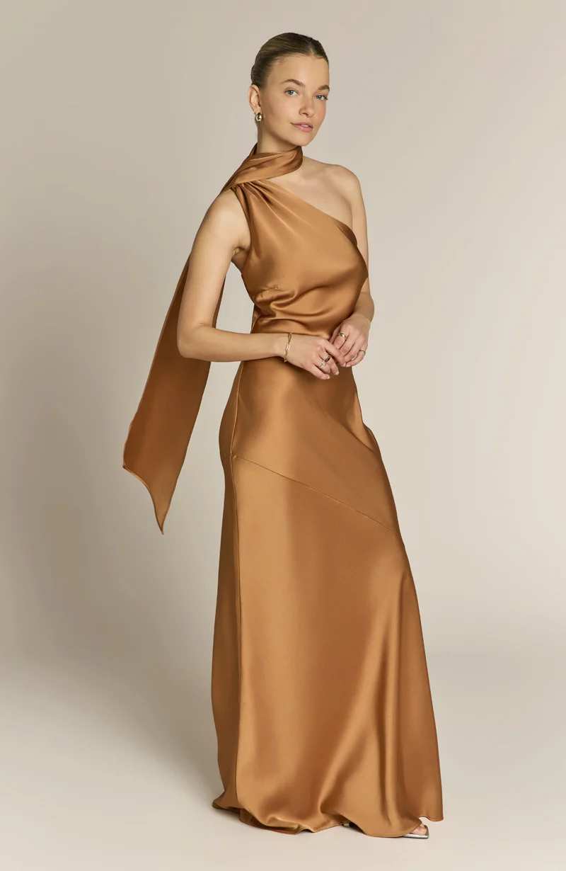 Raye One Shoulder Dress in Caramel - Image 3