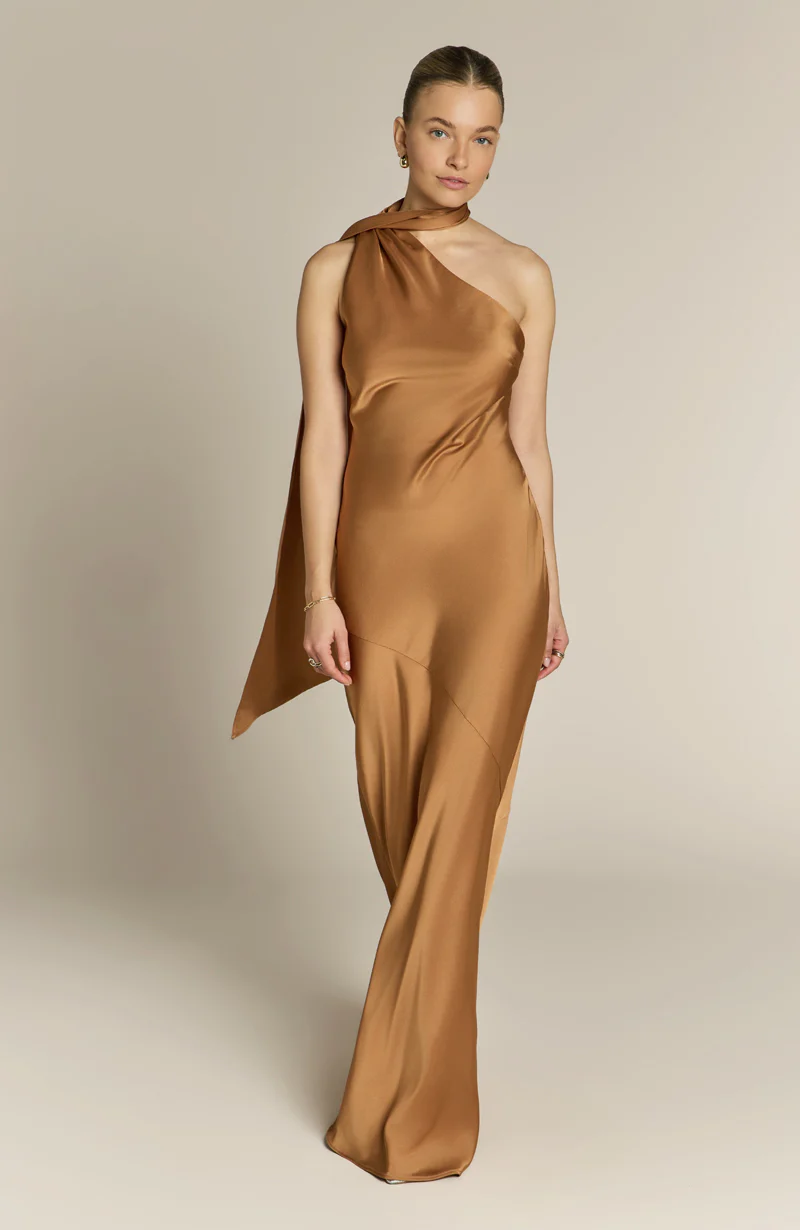 Raye One Shoulder Dress in Caramel - Image 5