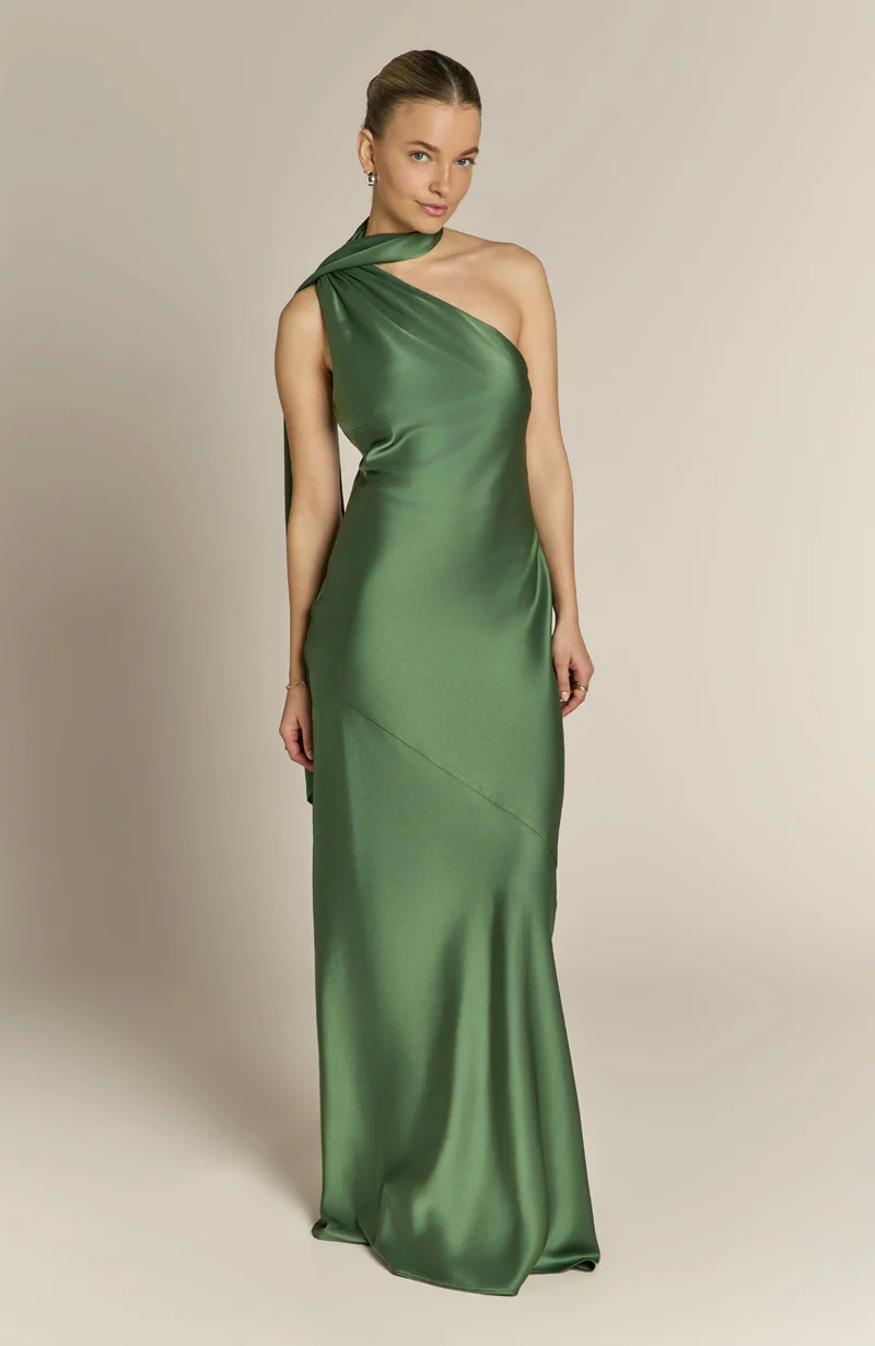 Raye One Shoulder Dress in Olive Green - Image 3