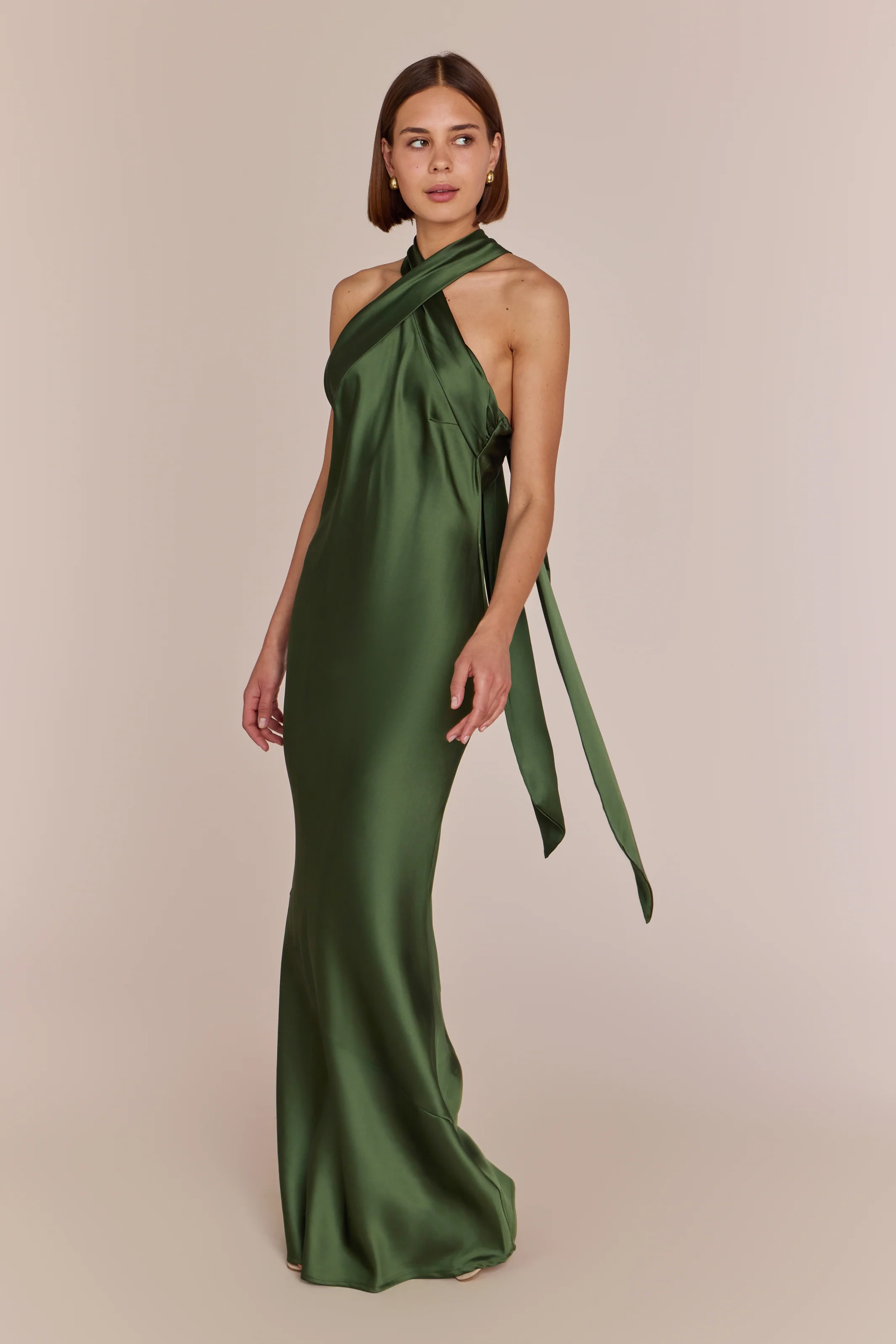 Roma Halter Neck Bridesmaid Dress in Olive Green Satin - Image 4