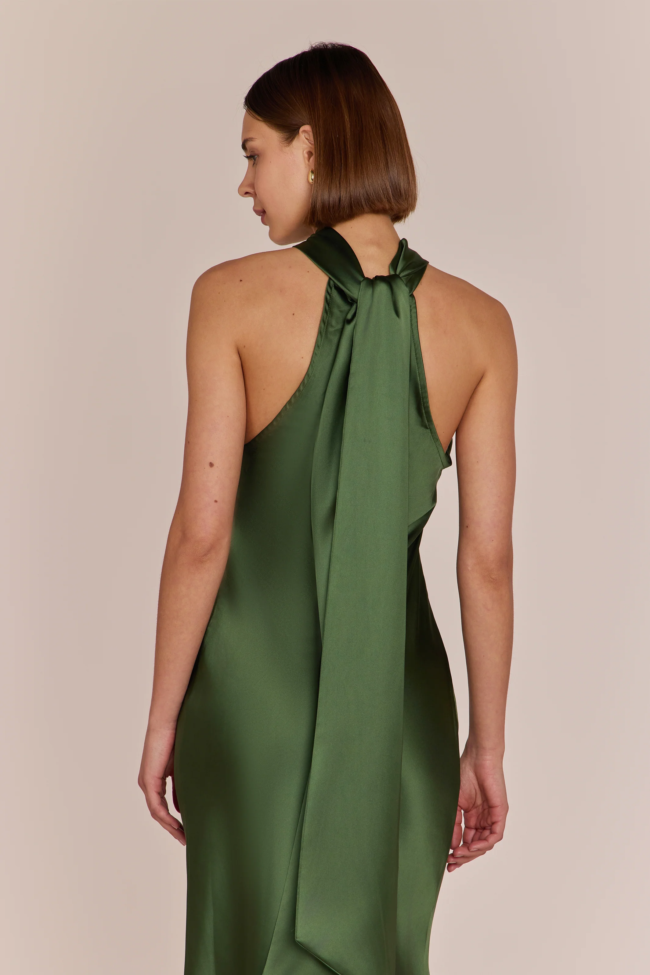 Roma Halter Neck Bridesmaid Dress in Olive Green Satin - Image 5