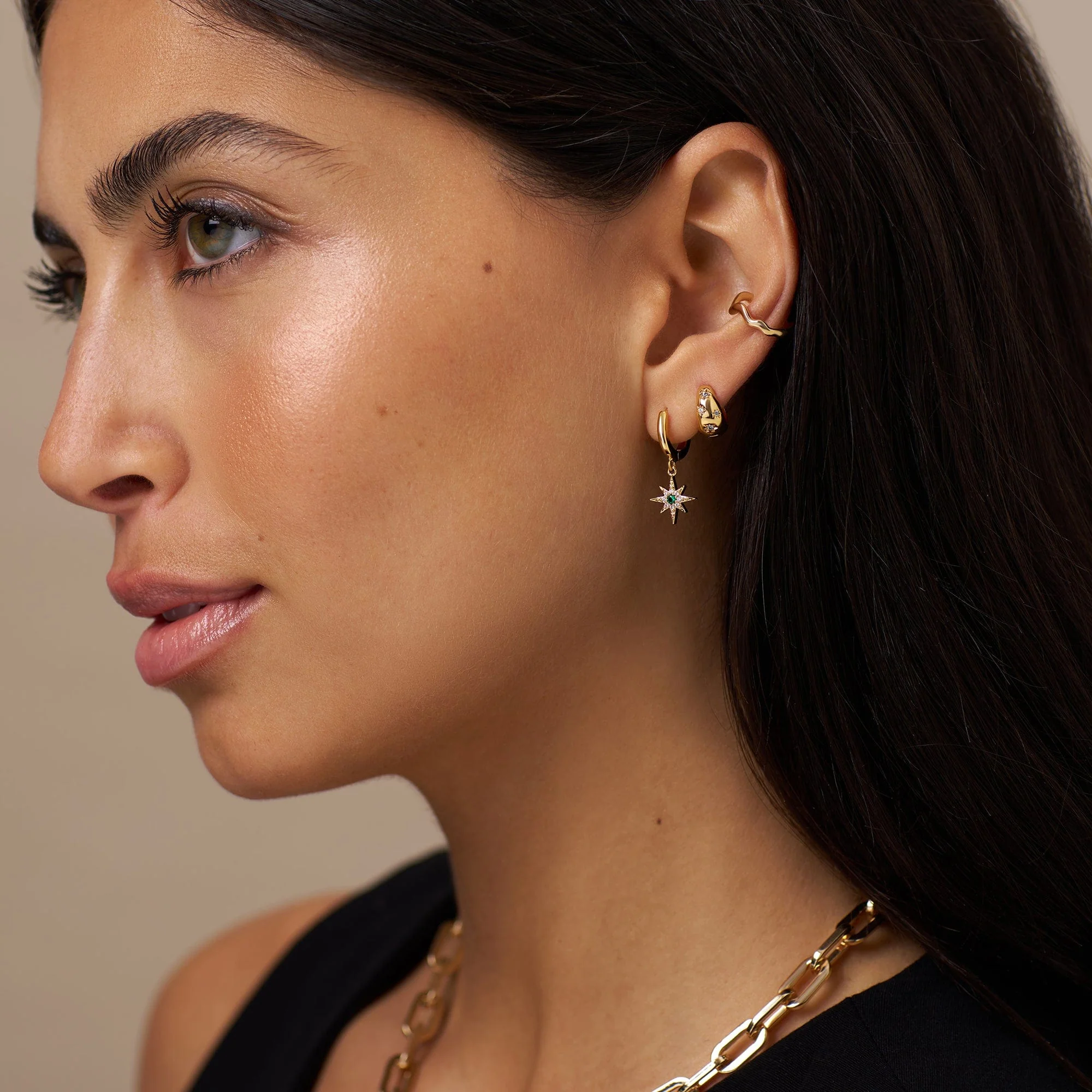 Tapered Crystal Starburst Huggie Hoop Earrings - Gold - Image 2