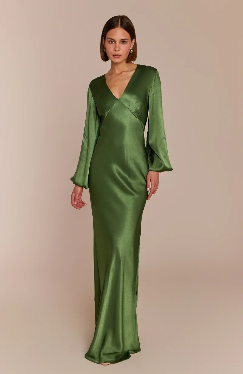 Valencia Dress in Olive Viscose Satin - Image 3