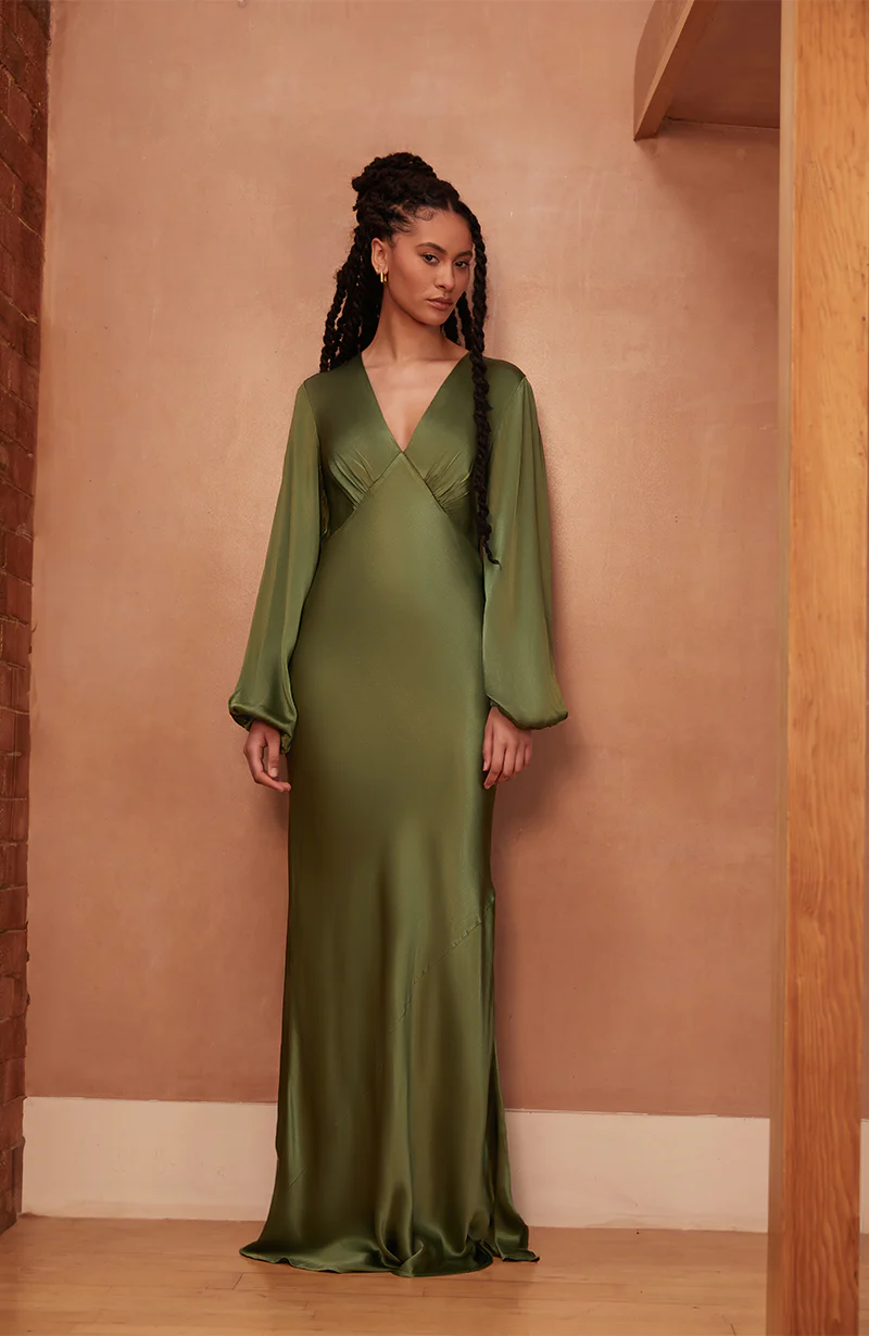 Valencia Dress in Olive Viscose Satin - Image 4