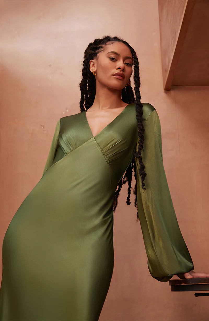 Valencia Dress in Olive Viscose Satin - Image 5