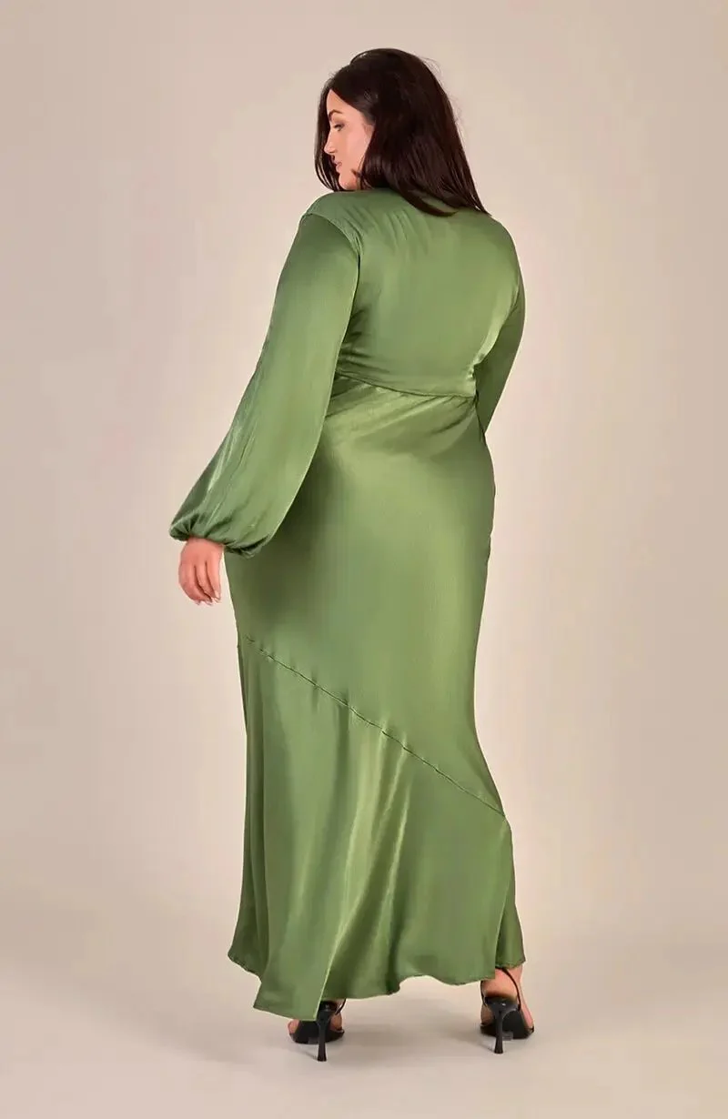 Valencia Dress in Olive Viscose Satin - Image 6