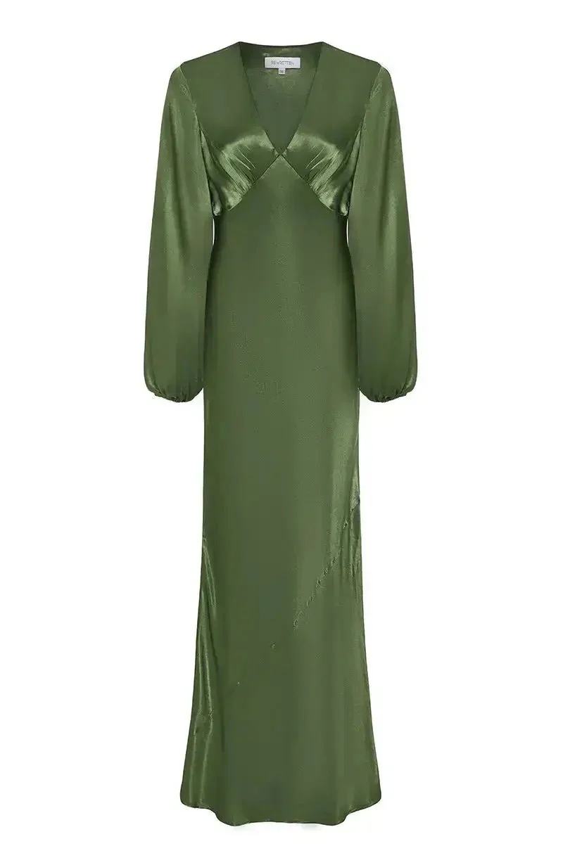 Valencia Dress in Olive Viscose Satin - Image 7