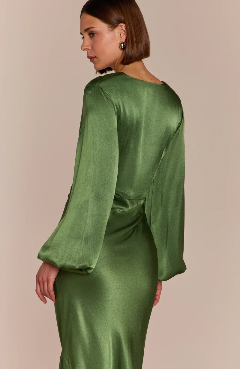 Valencia Dress in Olive Viscose Satin - Image 8